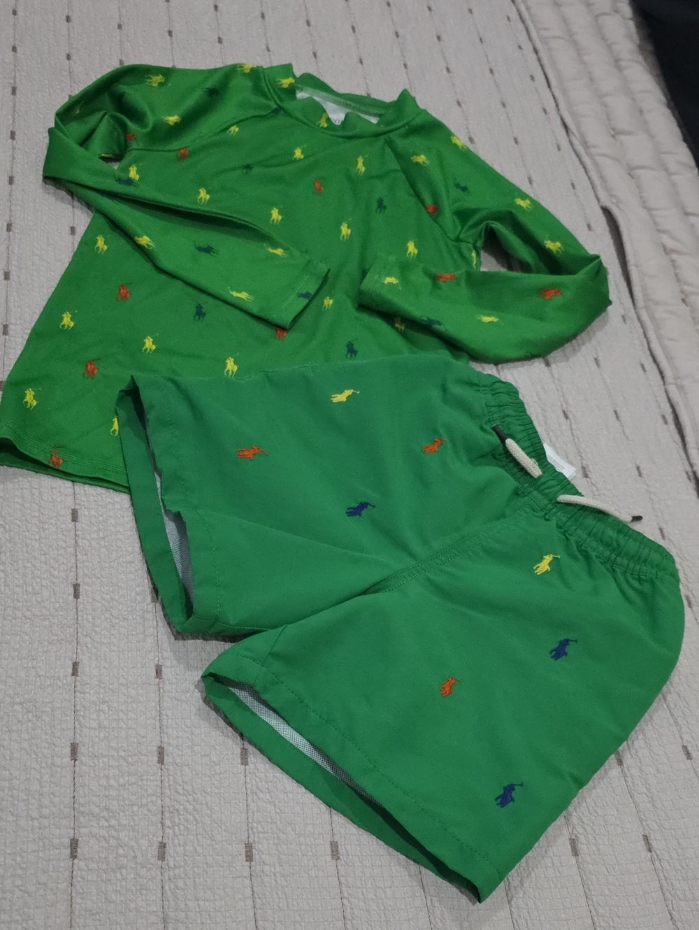 Ralph Lauren Green Kids Swim Rashguard Set with Multicolor Pony Logos